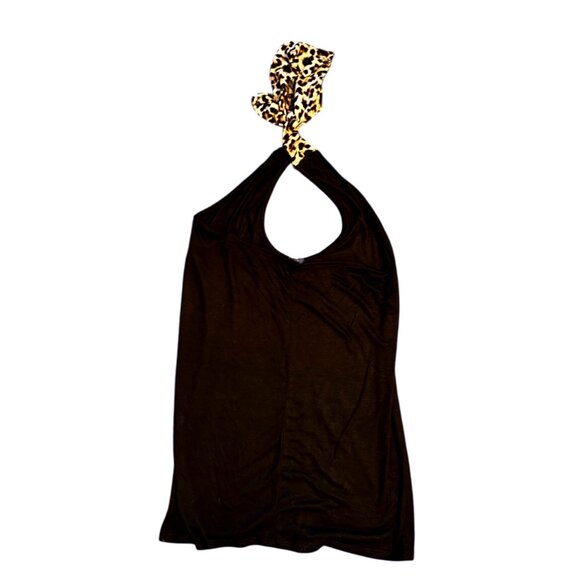 Bibi Women's Black Halter Top with Leopard Print Trim Womens Size M - Picture 4 of 4
